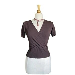 New York & Company Vintage 90s Y2K Brown Short Sleeve Wrap Sweater Top V-Neck XS